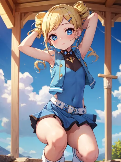 ppgzbb, blue eyes, blonde, twin drill, hair clip, earrings, best, blue leotard，blue skirt, short skirt, boots, are standing, cow...