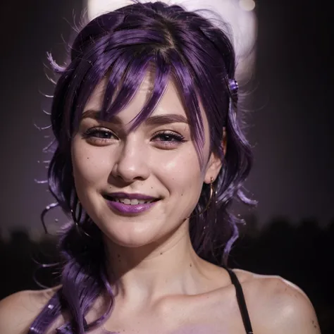 (((Venus Hum))) (((Purple hair))) close-up photo of a woman, smiling, night city background, photo realistic, 8k