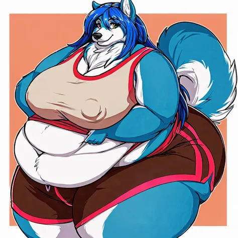 Malamute, female, long hair, gorgeous, beautiful, eyelashes, voluptuous, plump, belly rolls, fat arms, fat legs, ,tank top, shorts ,huge saggy breasts ,fringe on eye,heavy top, huge hips huge thighs heavy bottom ,sports bra,sports shorts, simple background...