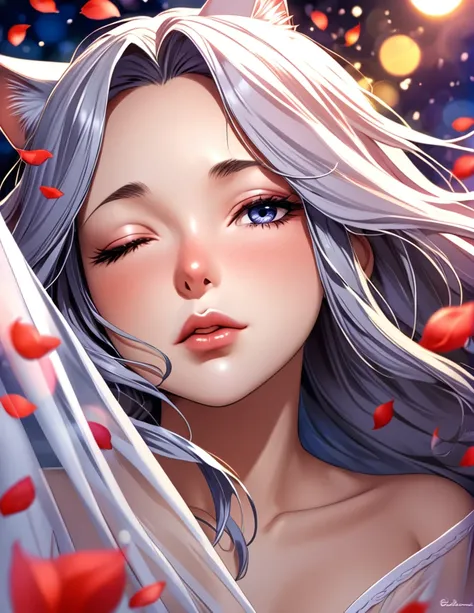 (Harem Manga style:1.2) , Hallucination, daydream , nightmare , Insane Dream , bokeh , erotica , romance ,  girl and realistic cat , Petals fluttering down , (Single eyelids, round nose, swollen cheeks) , glossy lips , Collarbone , Hair blowing in the wind...