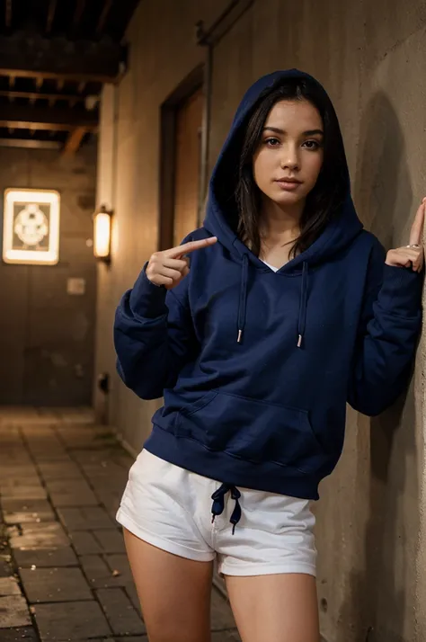 a woman wearing a hoodie and shorts, raising her middle finger (fuck), looks realistic and real

