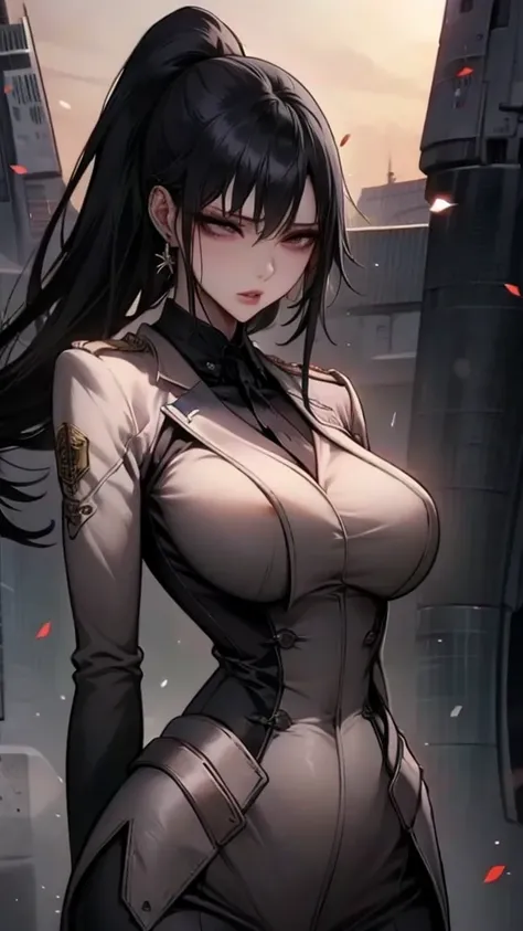 Lin Wei, a beautiful human-hybrid with striking black eyes and long black hair tied in a high ponytail, stands confidently. She looks directly at the camera with a determined and intelligent gaze. Her military uniform fits perfectly, highlighting her stron...