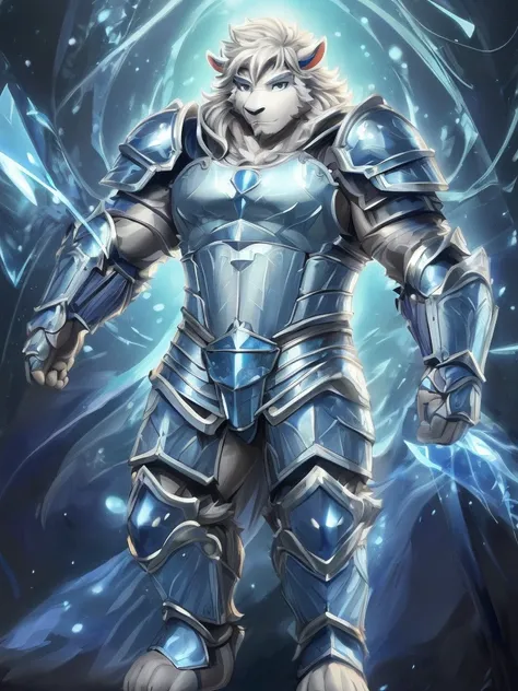 a furry sheep, white fur, shoulder long hair, (((handsome, slim fit, fit build))), paladin, ((white sheep), ((dark blue paladin armor)), furry art, full body, tall, silky hair,