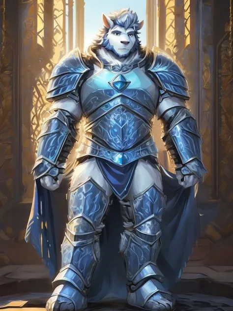 a furry sheep, white fur, shoulder long hair, (((handsome, slim fit, fit build))), paladin, ((white sheep), ((dark blue paladin armor)), furry art, full body, tall, silky hair,