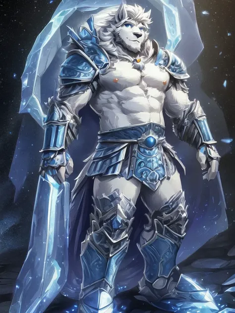 a furry sheep, white fur, shoulder long hair, (((handsome, slim fit, fit build))), paladin, ((white sheep), ((dark blue paladin armor)), furry art, full body, tall, silky hair,