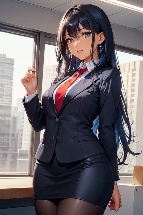 #Basics A girl is posing for a photo, animeのかわいい女の子, (((One Girl, Baby Face, Young girl, 16 years old))), 
BREAK 

#Clothing Accessories 
(Matte blue suit : (Suit jacket) + Clean white blouse + Slim pencil skirt + (Red tie)), (Sheer black pantyhose + Black...