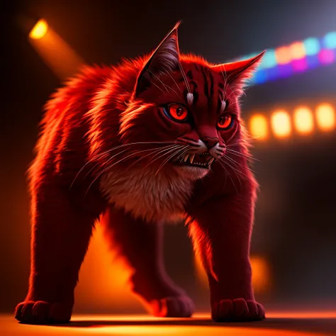 a large red-eyed furry cat with sharp teeth, red fur, highly detailed, photorealistic, 8k, hyperrealistic, hdr, studio lighting,...