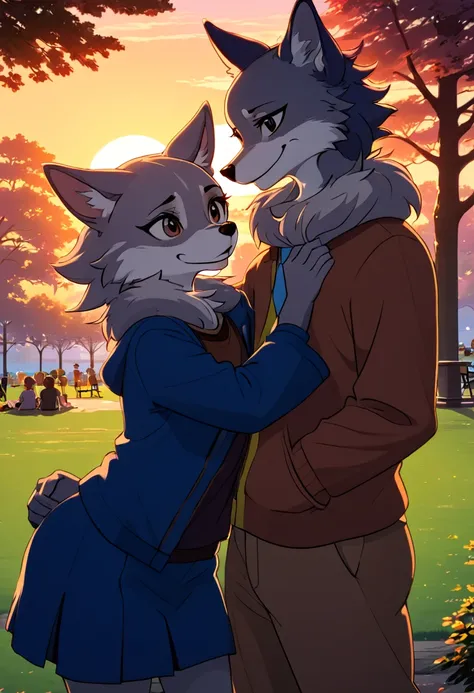 juno and legosi from beastars are cuddle at the park,in the sunset