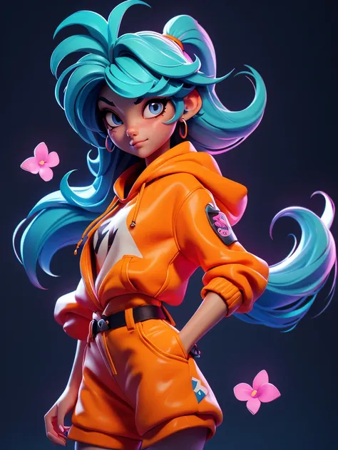 gorgeous hip-hop girl, orange neon hoodie, graffiti, emissive, bloom