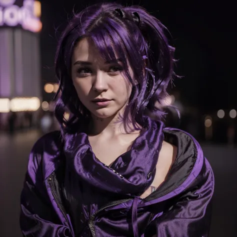 (((Venus Hum))) (((Purple hair))) half-figure shot of a woman, night city background, photo realistic, 8k