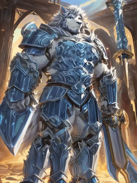 a furry sheep, white fur, shoulder long hair, (((handsome, slim fit, fit build))), paladin, ((white sheep), ((dark blue paladin armor)), furry art, full body, tall, silky hair,  hold a big sword and a big shield,