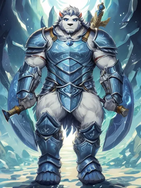 a furry sheep, white fur, shoulder long hair, (((handsome, slim fit, fit build))), paladin, ((white sheep), ((dark blue paladin armor)), furry art, full body, tall, silky hair,  hold a big sword and a big shield,