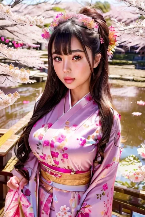 cute japanese girl, kimono, sakura, festival, long hair, beautiful detailed eyes, beautiful detailed lips, extremely detailed fa...