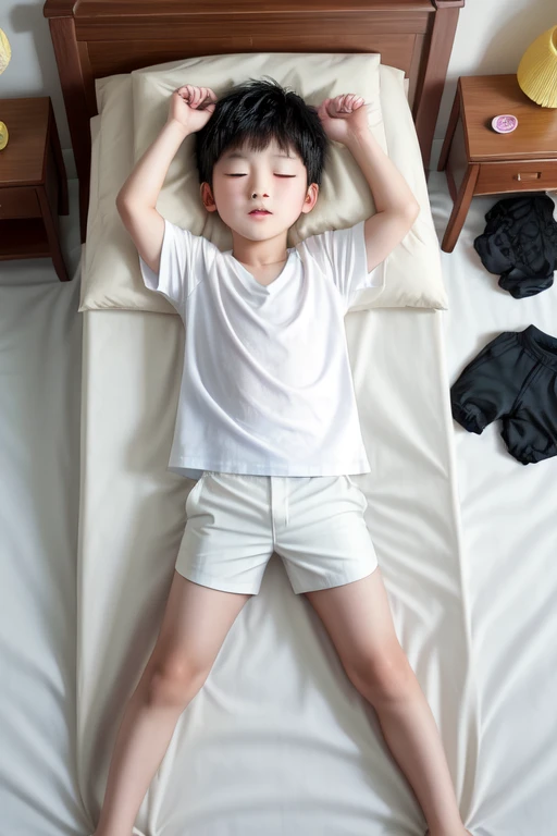 a chinese young boy, 6-years old, sleeping in wooden bed, full body front/top view, white shirt and blac shorts, arms and legs open