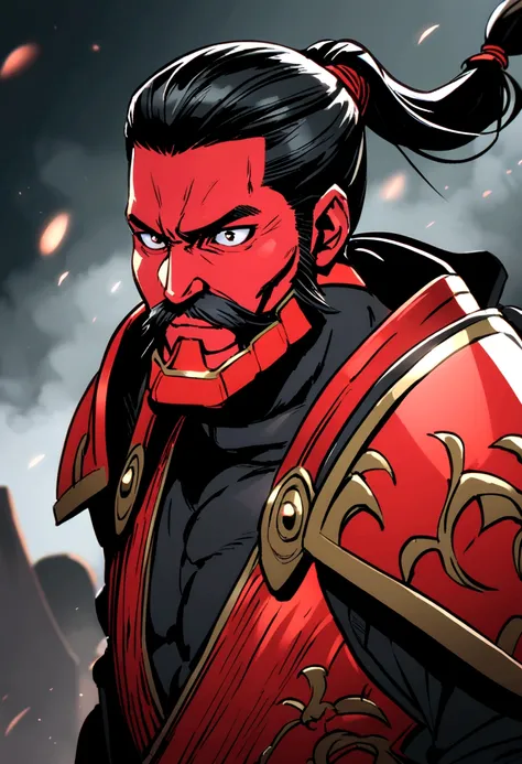 samurai with red armor,  black fur, short black beard, braided black hair tied in a ponytail, Black Samurai