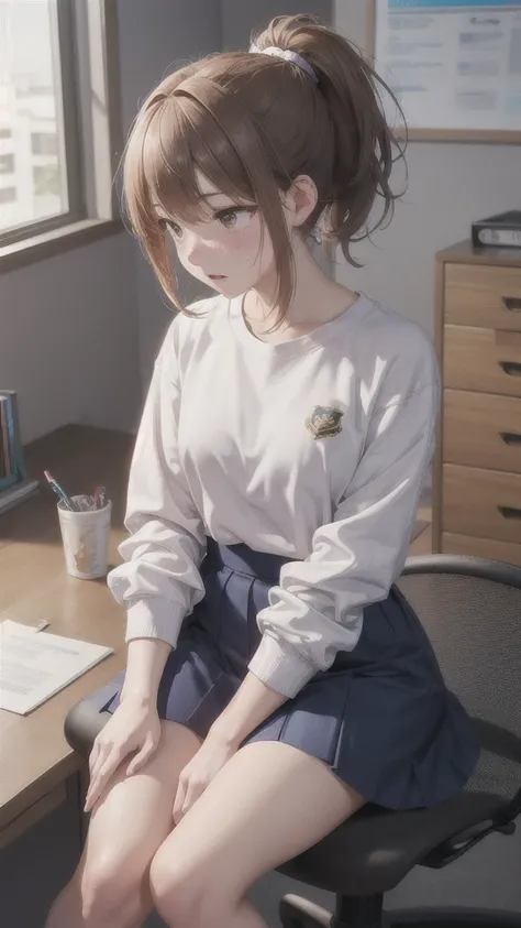 Highest quality , High resolution , Detailed CG , ponytail , White sweatshirt、 Navy Blue Skirt , Modest chest , Light brown hair , Two limbs , Optimal ratio , Embarrassed expression , My cheeks feel hot , office , to touch one&#39;unite your chest&#39;With...