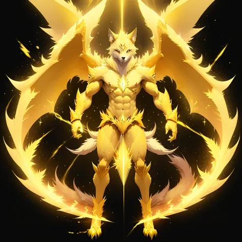 (1 wolf) full body, a white eyed yellow wolf, a winged four pointy ears yellow wolf with yellow lightning, yellow spike feathers...