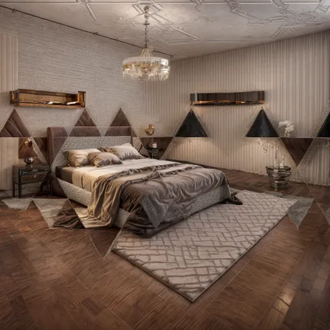 luxury bedroom, cozy lighting, elegant color scheme, 
wood floor, decoration wall, luxury chandelier, rug, luxury bed, lamp ligh...