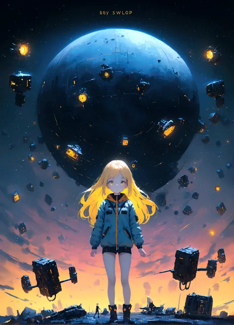 (young girl, 12 years old, blond hair, anime, pale skin), (yellow (eyes:1.2)), (slim build:1.3), beautiful face, symmetrical face, wlop and Sam Kuvshinov, (long hair), blond eyelashes, large iris, large pupil, full body, standing on the background of the c...