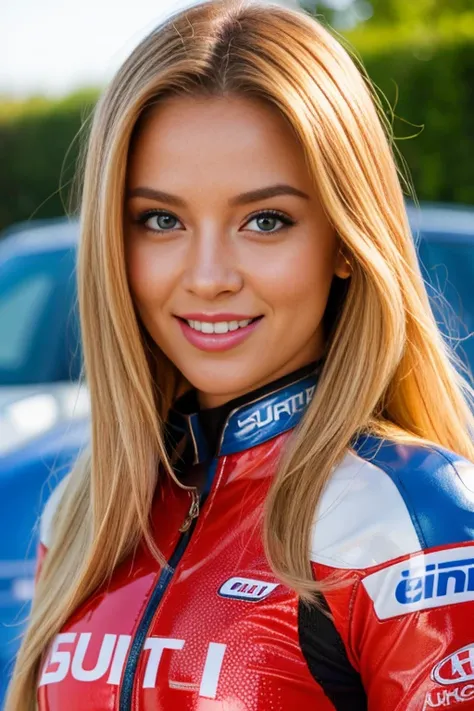 (best quality,ultra-detailed,photo-realistic:1.37),bright and vibrant colors,studio lighting,playful expression,stylish makeup,long blonde hair flowing in the wind,alluring eyes,glossy lips,sexy pose, Ducati, Racing Suit, smiling in a confident and seducti...