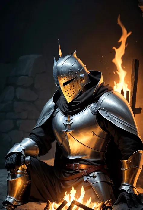 a knight resting in bonfire, high quality, masterpiece,, amazing lighting, illustration, cinematic light:1.1, perfect shading