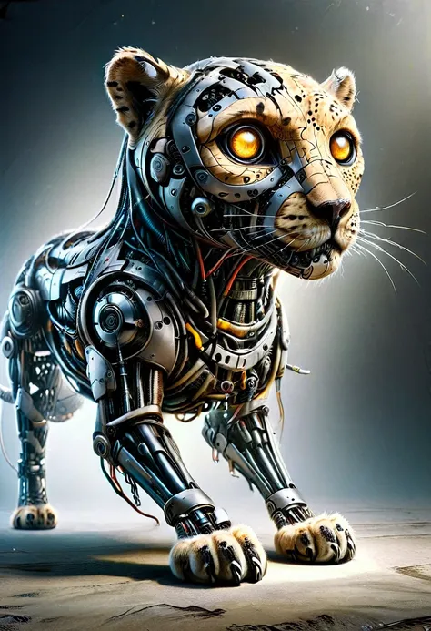 ((a robotic cheetah:1.5, metal cheetah body and face:1.5 with cheetah spots:1.5, neon lights on its body, cables, robotic mechan...