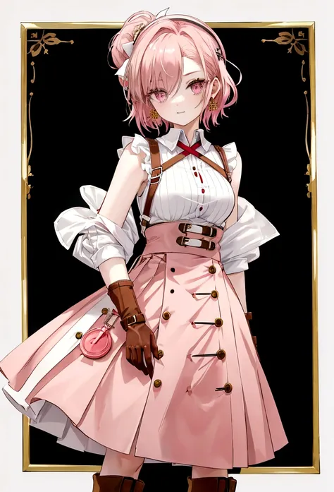 20 years old, with short pink hair just below the shoulders, pale pink eyes, and an expression that is serious yet happy. She dresses in an antique style, wearing a long light brown skirt, a sleeveless white blouse with a vertical red line down the center ...