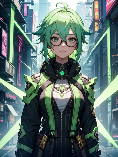 sucrose from genshin impact, 1girl, wearing a futuristic outfit, cyberpunk outfit, at a future city, cyberpunk look, light green...