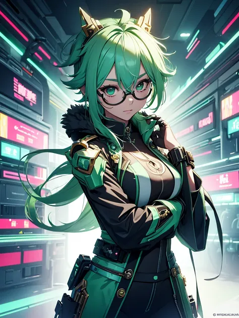 sucrose from genshin impact, 1girl, wearing a futuristic outfit, cyberpunk outfit, at a future city, cyberpunk look, light green...