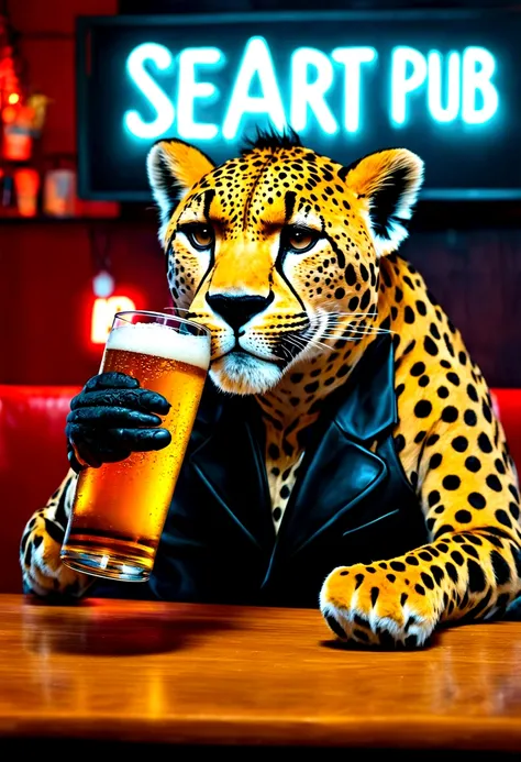 a cheetah dressed as punk chilling in bar, drinking beer, there is neon sign in the background which says "seaart pub", highly d...