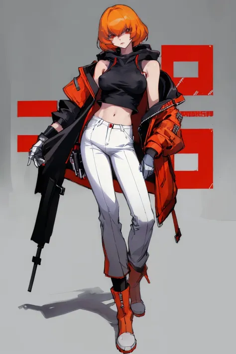 ((Highest quality)), ((masterpiece)), (be familiar with),Clementine,Overload,Red eyes,Sleeveless hoodie,Black Shirt,White pants,Alluring,whole body,boots,coat,Erect nipples, cyber punk,sf