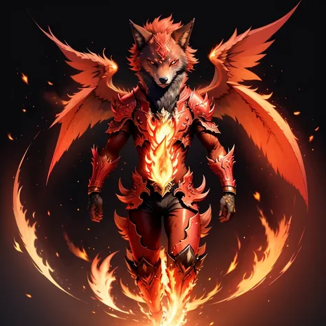 (1 wolf) full body, a red eyed red wolf, a winged four pointy ears fire wolf with fire and flames, fire feathers, fire wings, fire energy around, fire background