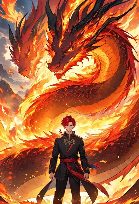 (Best quality,masterpiece),(extremely detailed:1.2),(perfect face:1.3),a handsome man surrounded with a fire dragon,handsome guy in demon slayer art,high quality anime illustration,human and dragon fusion, anime fantasy illustration, anime in fantasy style...