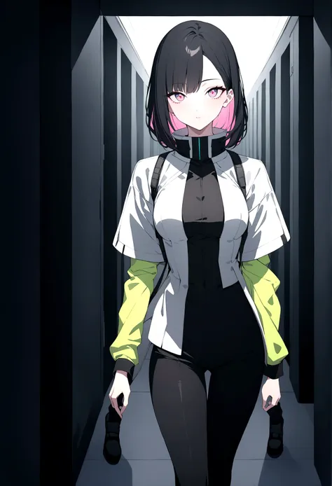 (masterpiece, 32k, 8k, white laboratory corridor setting, character walking towards the viewer) woman, 26 years old, naturally beautiful face, long black hair with pink highlights, cyberpunk outfit, different colored eyes, character speaking ( manga colori...