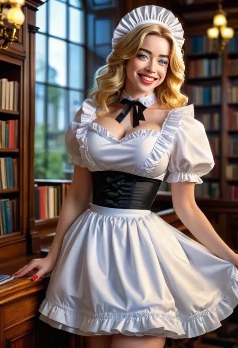 A pretty maid. best quality, masterpiece, gold blond hair, sky blue eyes, wearing a steriotypical French maid outfit, (headdress、white blouse、black ribbon、White Apron、ruffle skirt、puff sleeves、collar、choker、apron with fine ruffles：1.3)、black maid costume)....