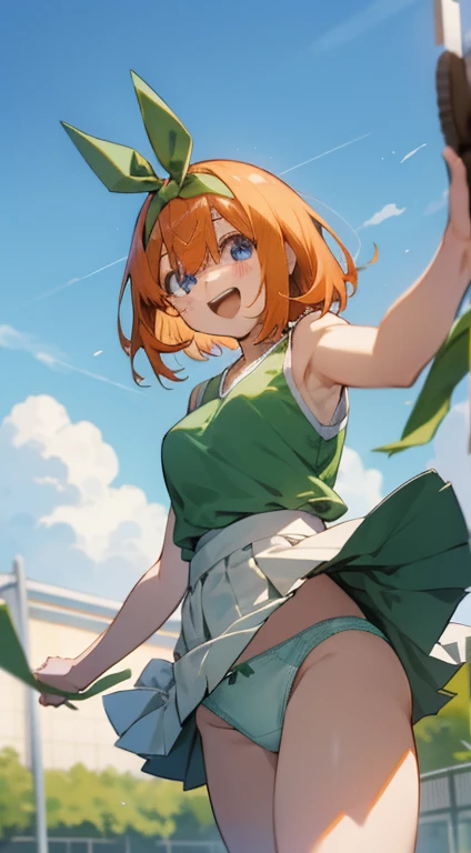 yotsuba nakano, bangs, short hair, blue eyes, hair between eyes, hair ribbon, hairband, orange hair, green ribbon, outdoors, excited, laugh, looking at viewer, ((panties)), cheerleader