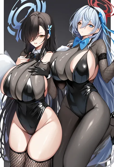 ((4girls))、bunny girl、white rabbit ears、wrist cuffs、black leotard、sagging breast、(milf、Mature Woman:1.3)、Black fishnet stockings、garter belt、blue_archive、(((Karin the Horned Shield、black skin、Yellow Eyes、Black Hair、long hair、Black bunny suit)))、(((Ichinose...