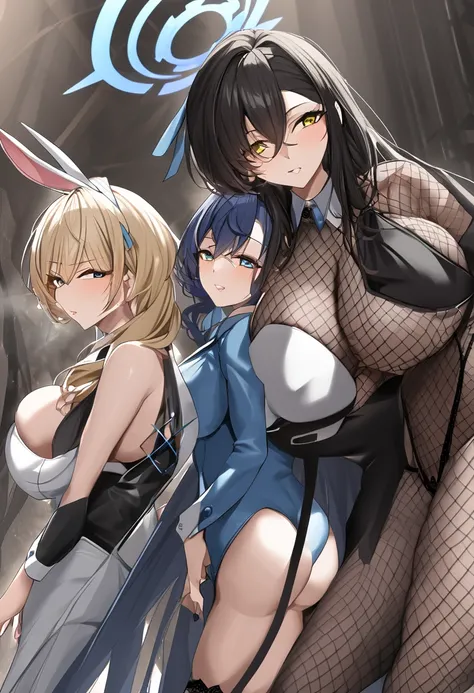 ((4girls))、bunny girl、white rabbit ears、wrist cuffs、black leotard、sagging breast、(milf、Mature Woman:1.3)、Black fishnet stockings、garter belt、blue_archive、(((Karin the Horned Shield、black skin、Yellow Eyes、Black Hair、long hair、Black bunny suit)))、(((Ichinose...