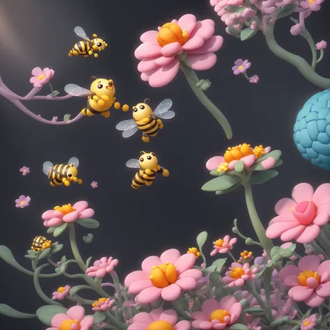 there is a bee flying over a field of flowers with a bee, a 3D render by jeonseok lee, trending on polycount, conceptual art, cute 3 d render, soft 3d render, cute! c4d, stylized as a 3d render, stylized 3d render, adorable digital painting, cute detailed ...