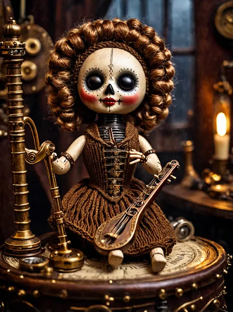 (voodoo doll playing knitted harp:1.2), (Voodoo Steampunk:1.3), (badass clothing: leather corset, aviator glasses, Gears and mechanical parts:1.0), (in the background steam engines, airships and Victorian buildings:1.2), best qualityer, work of art, detail...