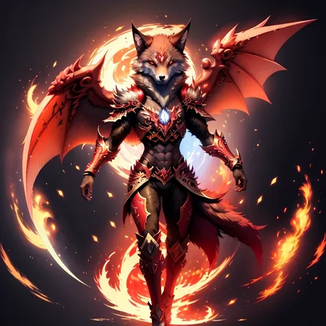 (1 wolf) full body, a red eyed red wolf, a winged four pointy ears fire wolf with fire and flames, fire feathers, fire wings, fi...