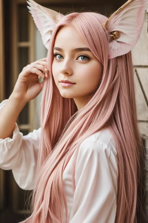 A girl with pink long hair, golden eyes, wing ears