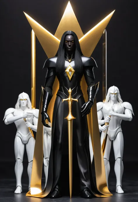 Void place, all black around, man with long goden hair golden eyes white skin, man holding a great prism with both hands, prism man is holding have white color, behind the man 8 all black humanoid figures, behind the 8 all black humanoid figures a humanoid...