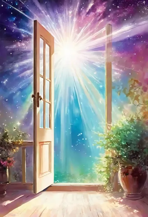 dreamy space，there is a dream door，light，rays of light，colorful，art style，pictorial，poster，朦胧的艺术poster