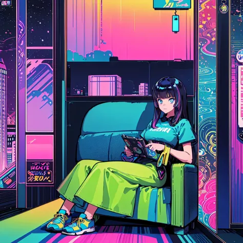 (masterpiece), highest quality, expressive eyes, neon pastel aesthetics, retro 90s, neon color,((girl sitting on sofa,in a cozy ...