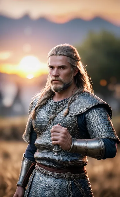 (masterpiece), (extremely intricate:1.3), (realistic), portrait of a viking man, (medieval clouthing), metal reflections, upper body, outdoors, intense sunlight, far away castle, professional photograph of a stunning woman detailed, sharp focus, dramatic, ...