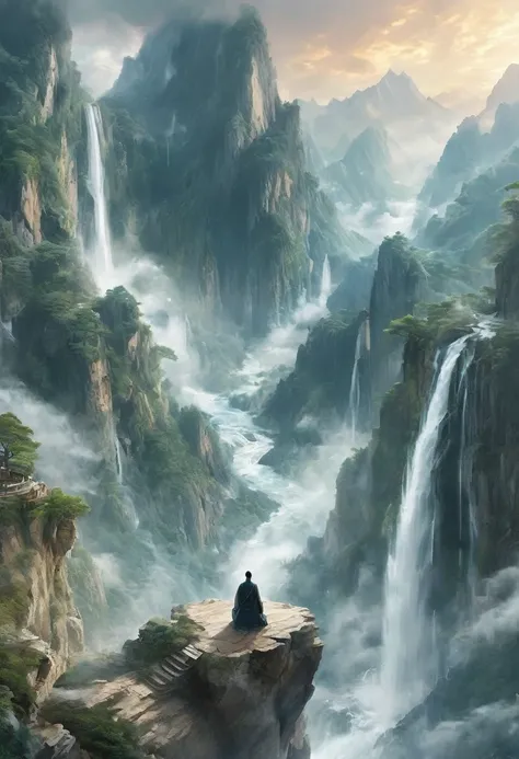 solo,(elder:1.2),(eyes_closed:1.2),kindly,mountain deity,freehand landscape painting,a male image,peak,waterfall,waterfall,gods,immortal,giant gods and mountains merge into one,white hair,white beard,white eyebrows,wrinkle,, masterpiece,best quality,highly...