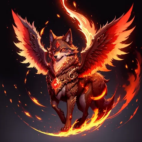 (1 wolf) full body, a red eyed red wolf, a winged four pointy ears fire wolf with fire and flames, fire feathers, fire wings, fire energy around, fire background