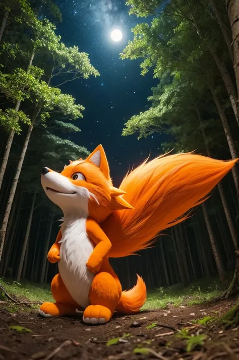 Tails the anthropomorphic orange fox looking at the sky at night in a forest 