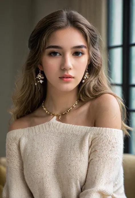 1 girl in, 19 years, only, wide, colossal , look at the viewer, by rubio, Brown eyes, jewelry, whole body, collar, off the shoulders, Sweaters, realistic, journey ,Capture this image with high resolution photography using a 100mm lens for a flattering pers...